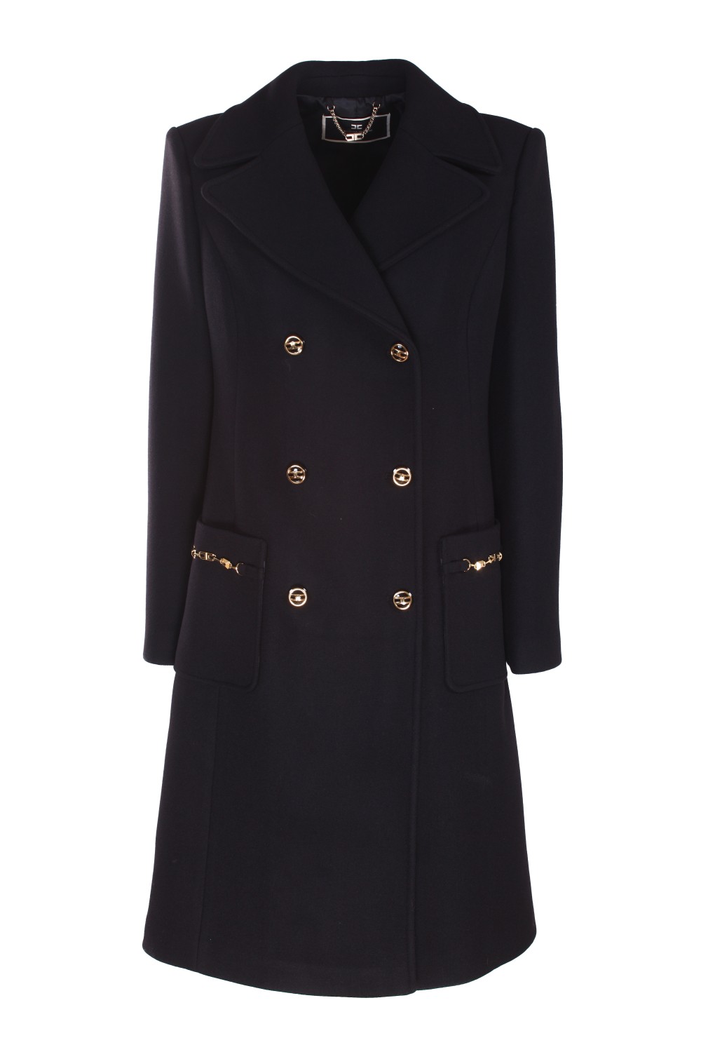 shop ELISABETTA FRANCHI Saldi Cappotto: Elisabetta Franchi cappotto in panno linea trapezio con dettagli logati.
Revers.
Maniche lunghe,
Abbottonatura doppio petto con bottoni in metallo oro e smalto in tinta al capo.
Tasche applicate con nuovi morsetti borchia.
Accessorio catena light gold.
Vestibilità regolare.
Composizione: 75% lana 25% poliammide.
Fabbricato in Italia.. CP00226E2-110 number 6529041